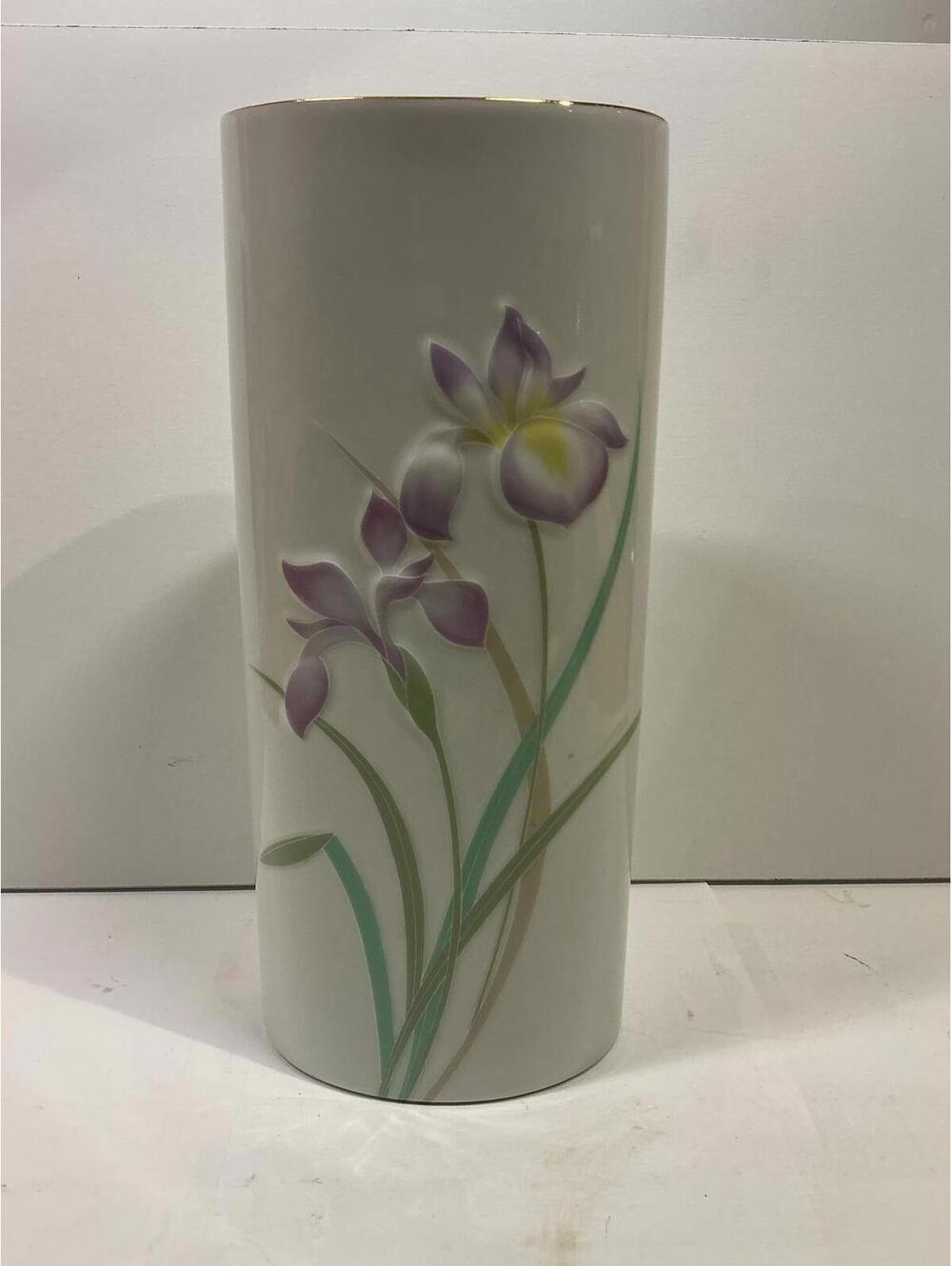 Vintage Otogiri Japan Porcelain Vase Iris Floral Gold Trim Tall White